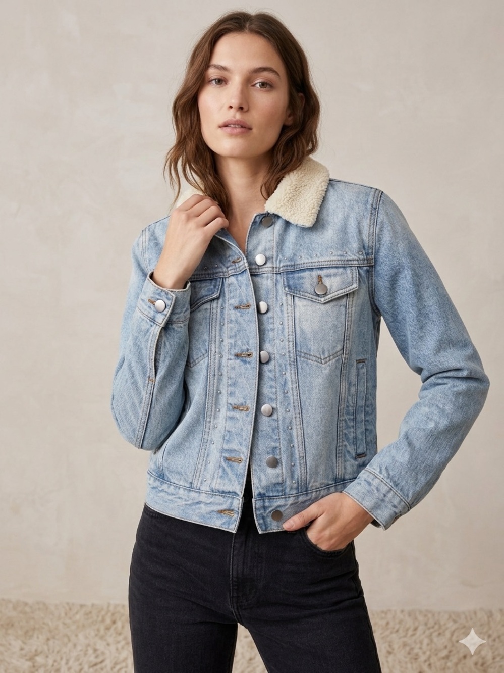 Rebecca Minkoff Clark Studded Denim Jacket Sherpa Faux Shearling Collar M